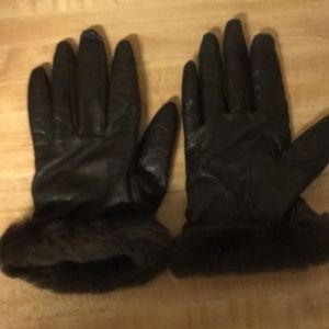 UGG Leather gloves,fur trim brown 6,cashmere lined
